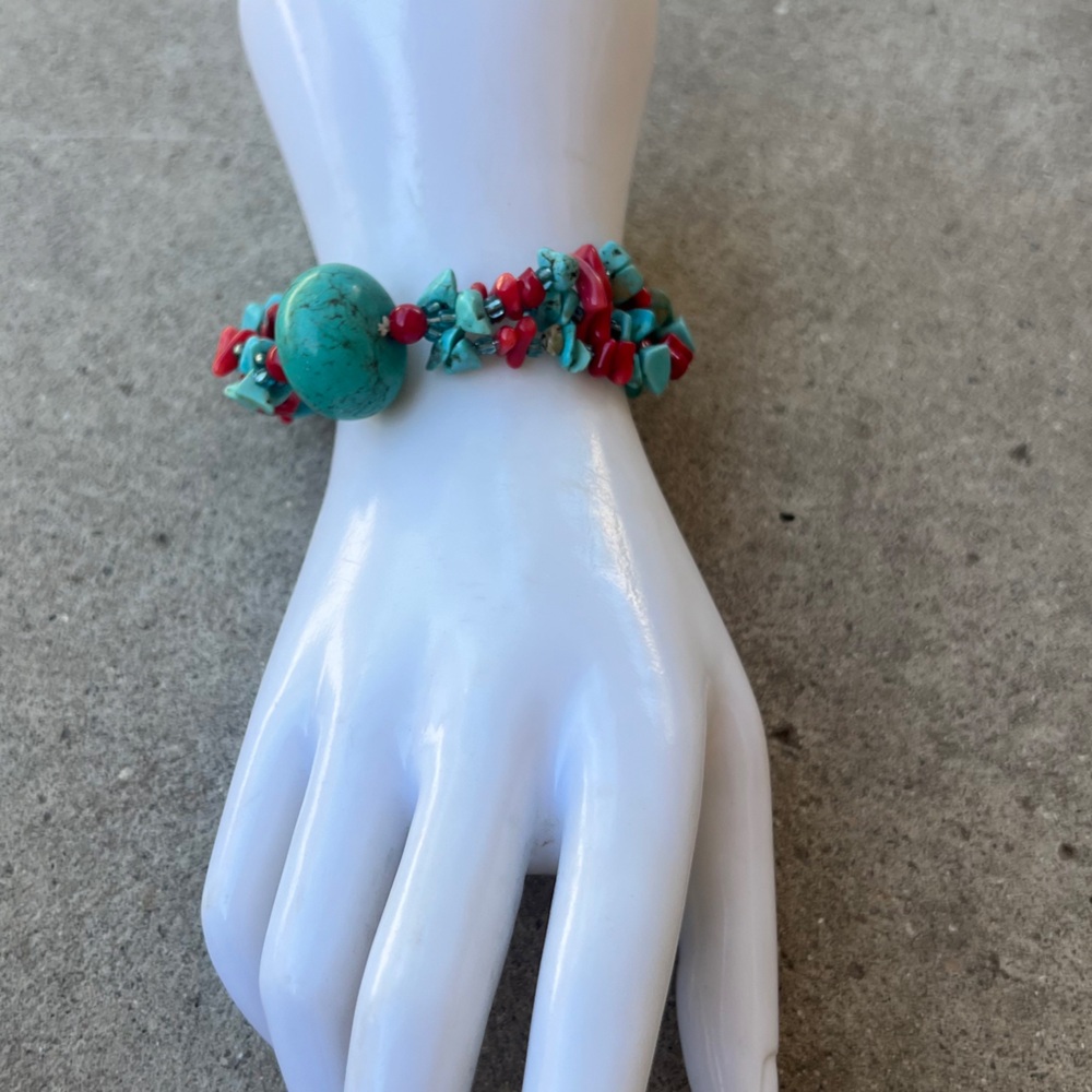 Turquoise Blue stabilized Red Coral weaved Bracelet Sz 7.5